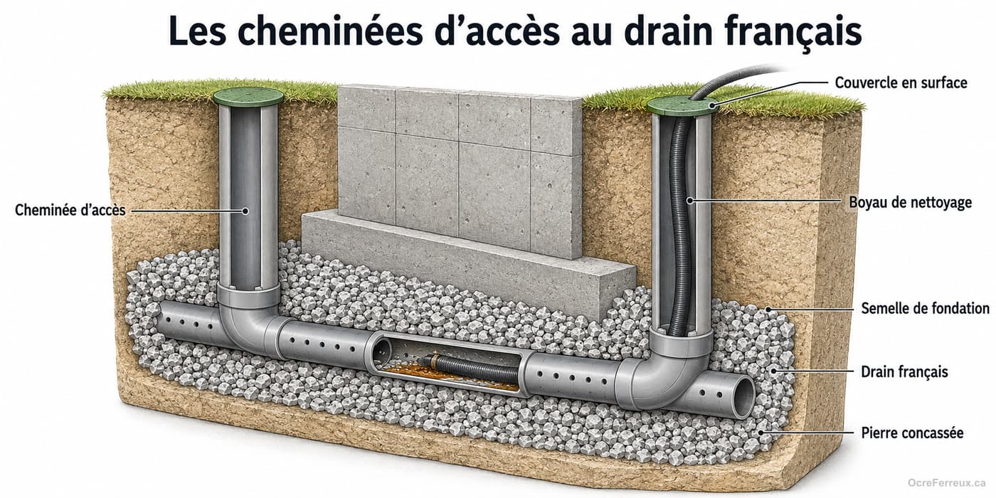 Coupe d'une fondation résidentielle montrant deux cheminées d'accès verticales reliant le drain français à la surface du terrain, chacune coiffée d'un couvercle; un boyau de nettoyage descend dans l'une des cheminées jusqu'au drain, sans aucune excavation.