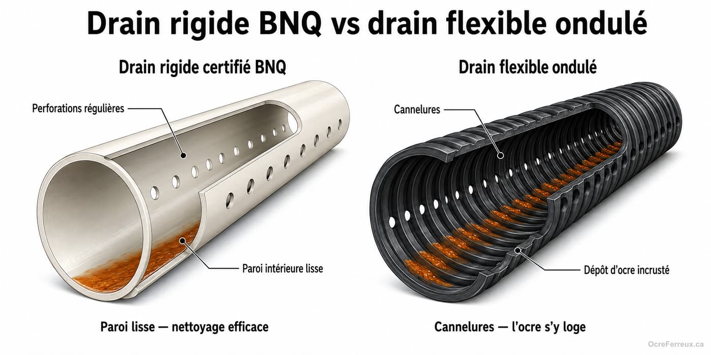 Comparaison de deux tuyaux de drain français en coupe : à gauche, un drain rigide certifié BNQ en PVC à paroi intérieure lisse et perforations régulières, facile à nettoyer; à droite, un drain flexible ondulé dont les cannelures retiennent le dépôt d'ocre ferreux incrusté.