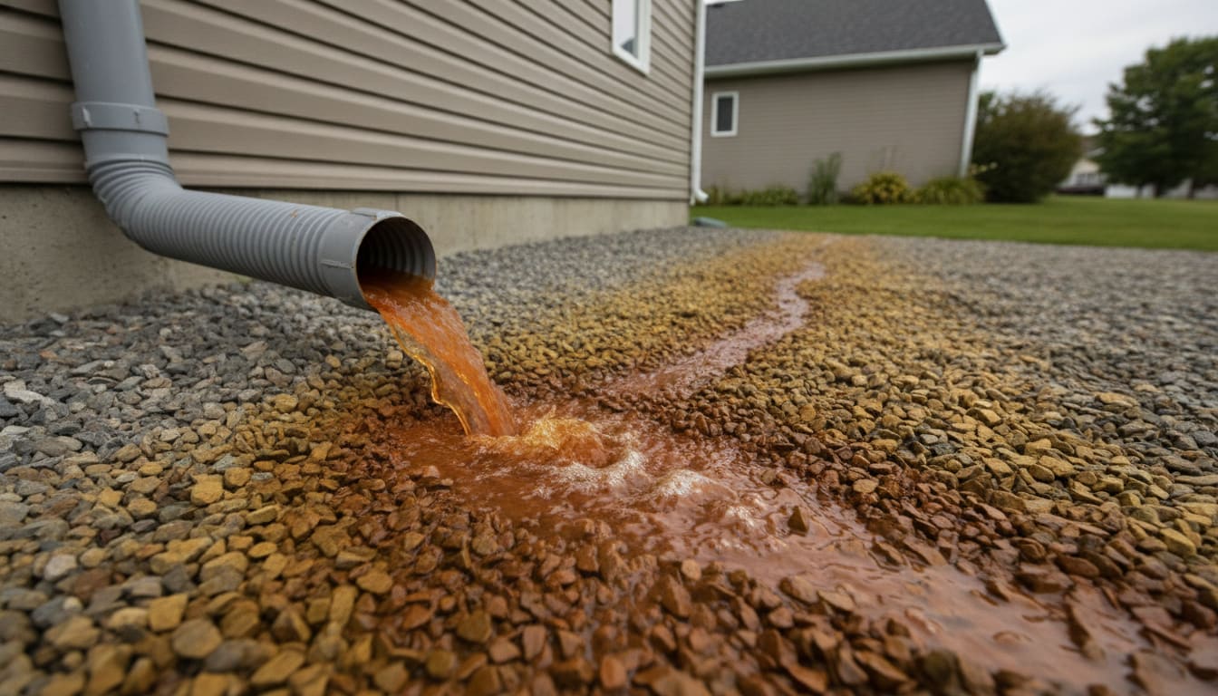 Eau chargée d'ocre ferreux à la sortie d'une pompe de puisard : taches orangées caractéristiques sur le gravier