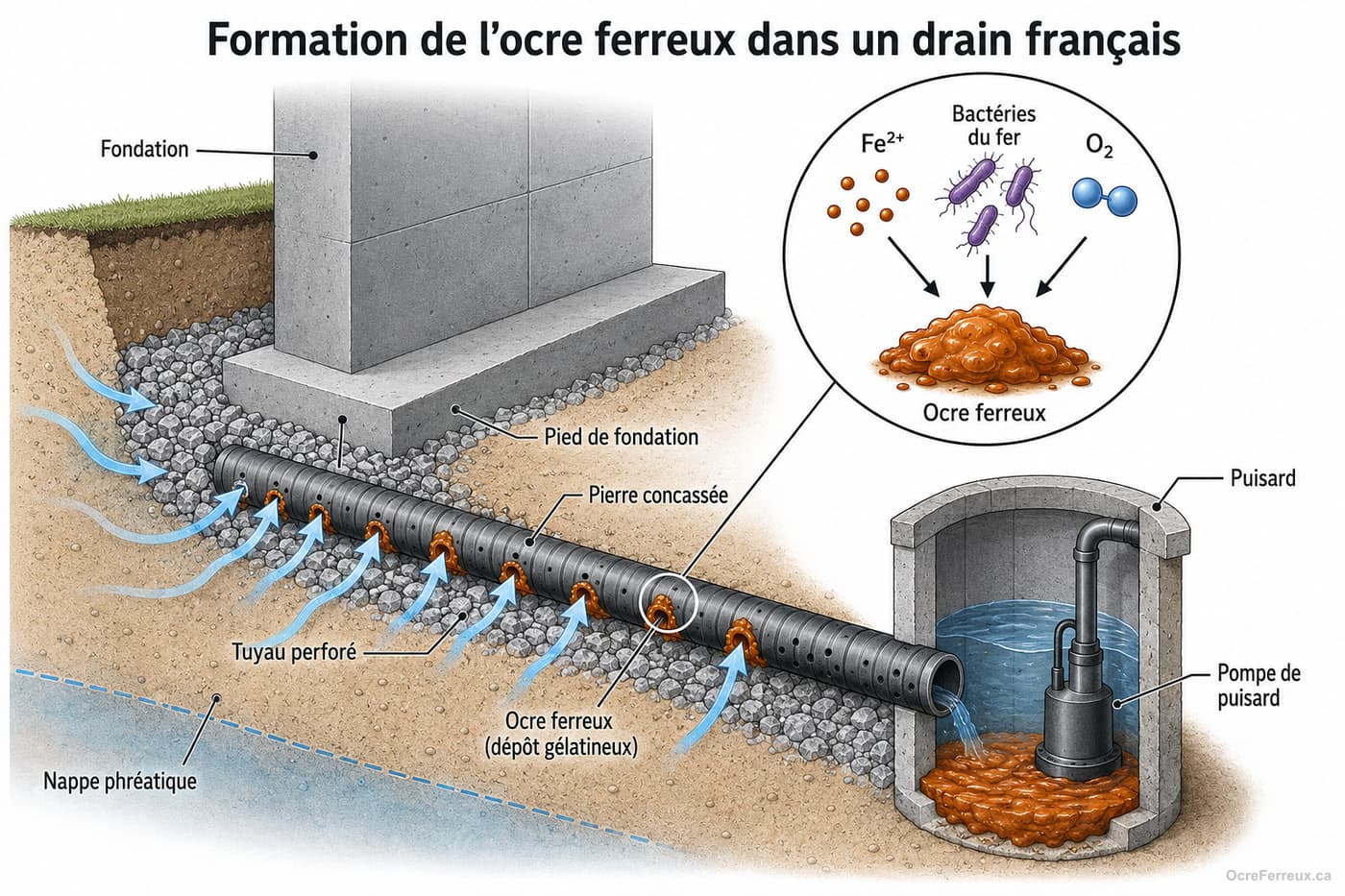 Schéma en coupe d'une fondation résidentielle montrant la formation de l'ocre ferreux : la nappe phréatique chargée de fer entre par le tuyau perforé du drain français, le dépôt gélatineux orangé colmate les perforations et la pierre concassée, puis s'accumule au fond du puisard autour de la pompe. Un encadré illustre la réaction entre le fer dissous (Fe2+), les bactéries ferrugineuses et l'oxygène.