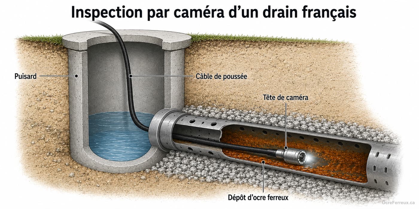 Coupe d'un puisard et d'un drain français pendant une inspection par caméra : le câble de poussée descend dans le puisard puis entre dans le drain, où la tête de caméra éclairée avance au-dessus d'un dépôt d'ocre ferreux orangé.
