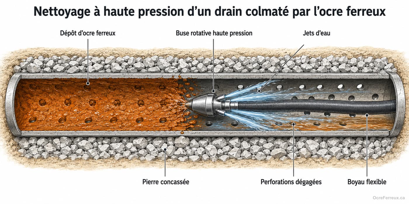 Schéma en coupe d'un nettoyage à haute pression : une buse rotative avance dans un drain français colmaté par l'ocre ferreux, ses jets d'eau décollent le dépôt orangé et dégagent les perforations du tuyau.
