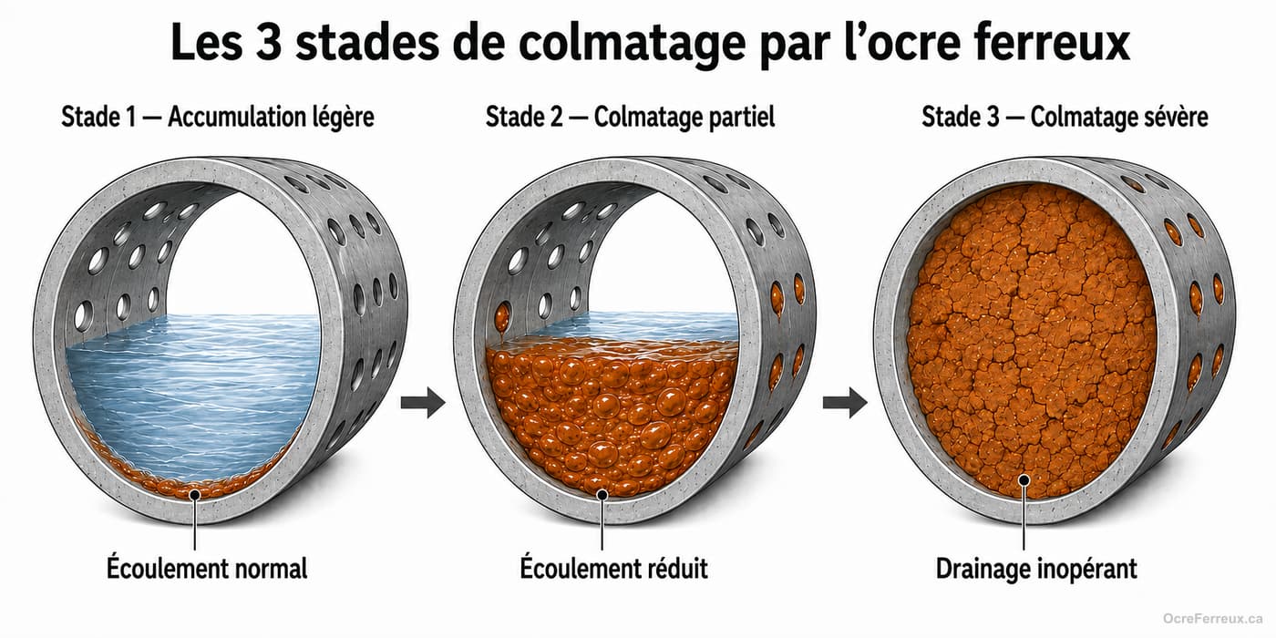 Trois coupes transversales d'un drain français illustrant pourquoi la fréquence de nettoyage importe : accumulation légère avec écoulement normal, colmatage partiel avec écoulement réduit, puis colmatage sévère où le drainage est inopérant.