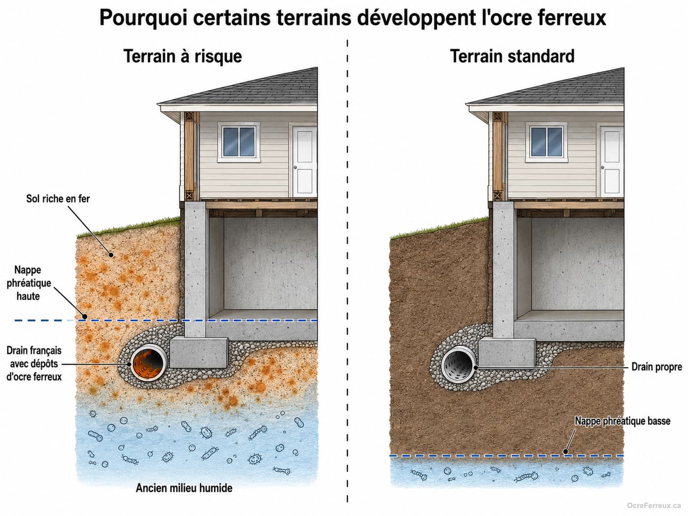 Comparaison en coupe de deux maisons identiques : à gauche, un terrain à risque avec sol riche en fer, nappe phréatique haute au niveau de la semelle et drain français chargé de dépôts d'ocre ferreux sur un ancien milieu humide; à droite, un terrain standard avec nappe phréatique basse et drain propre.